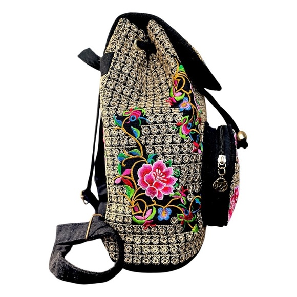 Boho Hippie Gypsy Embroidered Art to Wear Floral Cinch Sack Backpack Handbag - Picture 3 of 10